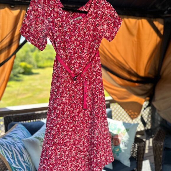 Vintage-Inspired Pink Floral Midi Dress with Belt – Short Sleeve Summer Dress - Picture 1 of 11